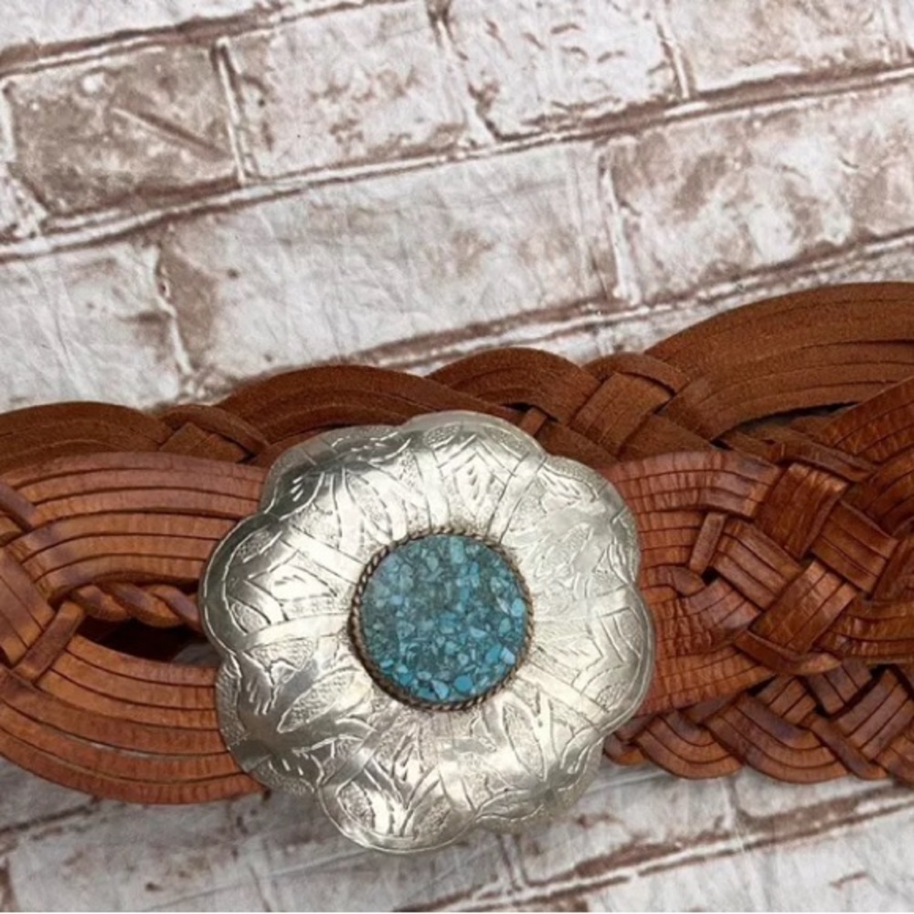 Vtg Chicos Braided Leather Concho Buckle Adjustable Belt turquoise Western S/M